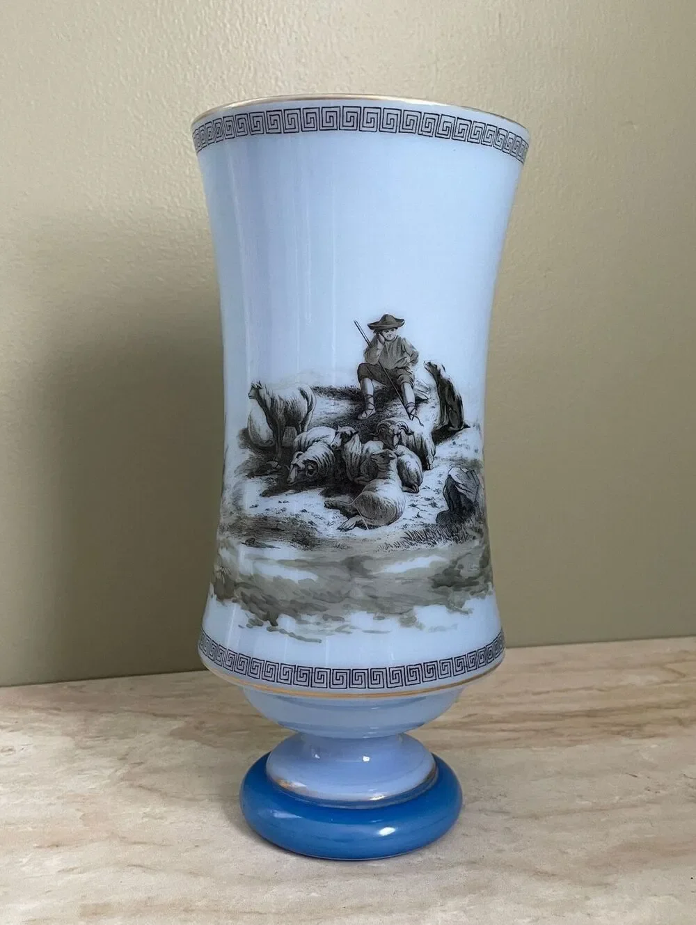 Vintage Blue Scenic Countryside Pedestal Vase | Traditional English Style